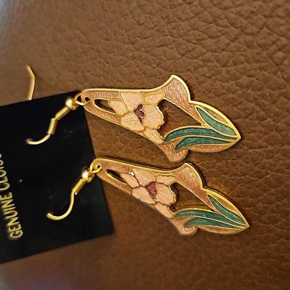 Vintage 1970s Cloisonne Floral Iris Long Dangle Hook Art Deco Earrings - Picture 3 of 5